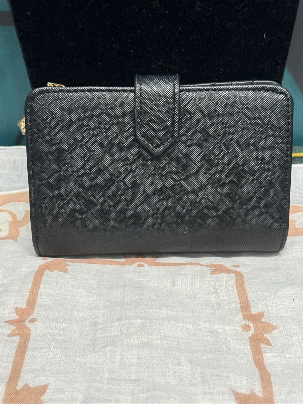 Anne Klein Black Saffiano Zip Wallet with Gold Horsebit Accent
